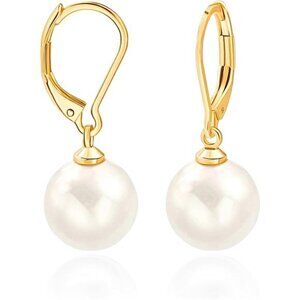 Elegant Pearl Dangle Earrings | 12mm White Shell Pearls on 18K Gold Leverback
